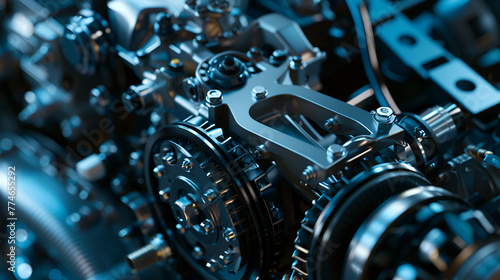 Detailed close-up of a modern engine being manufactured at a high-tech factory, showing intricate design and elements ,Witness the Power and Efficiency of a Car Engine in Action, Showcasing Automotive