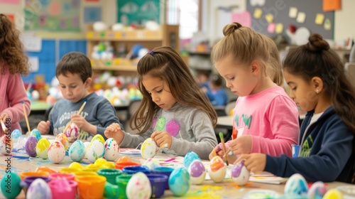 A toddler is sitting at a table happily painting Easter eggs, showcasing his adaptation skills and having fun in a leisure activity. His smile shows he is enjoying the recreation time AIG42E