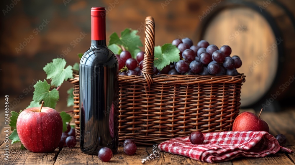 Obraz premium A wooden table holds a basket of grapes, an apple, and another basket of grapes, along with a bottle of wine