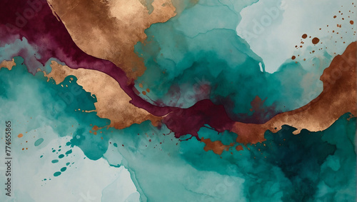 Eastern Influence Abstract Watercolor Background in Aquamarine, Burgundy, and Copper.