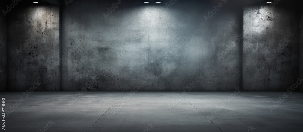 Dimly lit room constructed of solid concrete, with the flooring and walls made of the same material, illuminated by spotlights Dimly lit room constructed of solid concrete, with the flooring and walls made of the same material, illuminated by spotlights