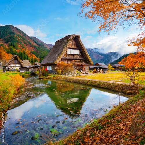 A beautiful fall of UNESCO World Heritage Shirakawago in Gifu, Japan. photo