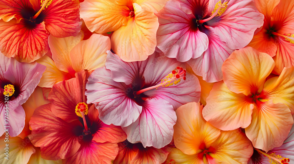 top view flat lay colorful hibiscus flowers, the state flower of Hawaii for lei day. top view flat lay colorful hibiscus flowers, the state flower of Hawaii for lei day.