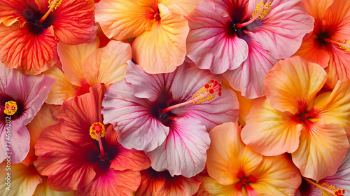 top view flat lay colorful hibiscus flowers, the state flower of Hawaii for lei day.
