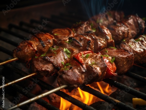 A skewer of meat is being cooked on a grill