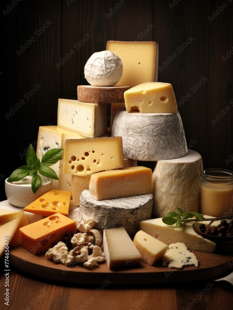 A cheese platter with a variety of cheeses including mozzarella, cheddar