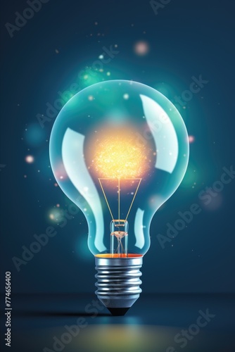 A light bulb is lit up and surrounded by a blurry background