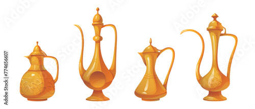 Arabic tea or coffee pot with traditional ornament. Cartoon vector illustration set of Arabian metal kettle of different shapes with antique heritage pattern. Oriental golden or copper pitcher. photo