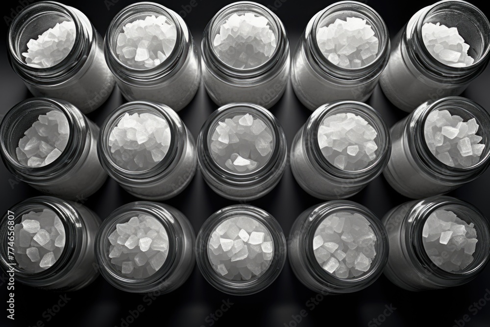 A row of jars filled with white salt A row of jars filled with white salt