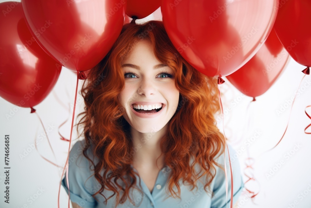 A woman with red hair is surrounded by red balloons A woman with red hair is surrounded by red balloons