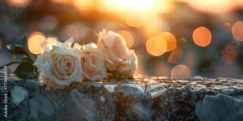 A bunch of white roses placed on top of a stone wall