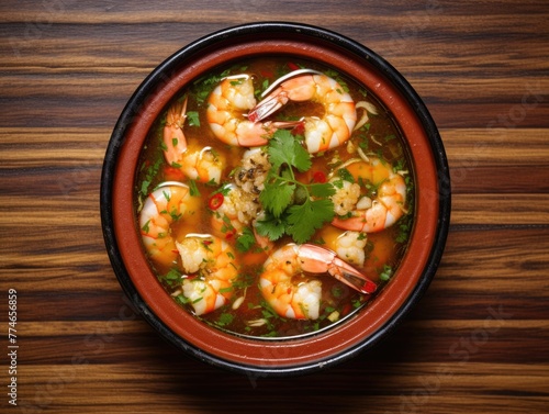 A bowl of shrimp soup with a few pieces of shrimp in it