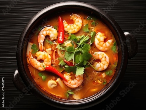A bowl of shrimp soup with red peppers and green herbs