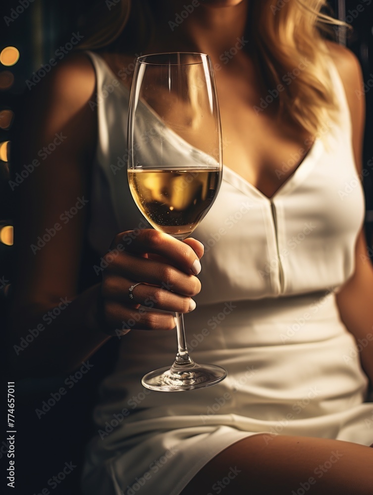 A woman is holding a wine glass with a white dress on A woman is holding a wine glass with a white dress on