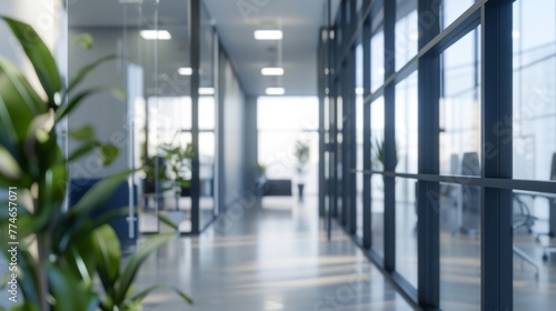 A plant stands in the center of a long hallway, adding a touch of greenery to the modern space