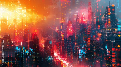A colorful screen depicting a bustling futuristic cityscape