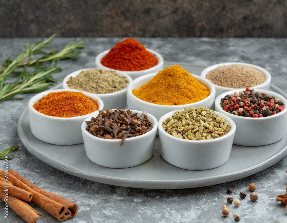 Gewürze aus aller Welt in weißen Schalen auf grauer Platte mit Zimt, Chili, Pfeffer, Salz, Kurkuma, italienischen Kräutern und Safran Gewürze aus aller Welt in weißen Schalen auf grauer Platte mit Zimt, Chili, Pfeffer, Salz, Kurkuma, italienischen Kräutern und Safran