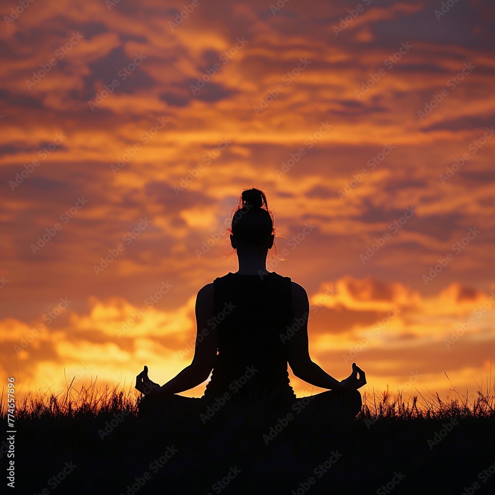 Woman's silhouette practicing yoga poses against a sunrise or sunset sky Woman's silhouette practicing yoga poses against a sunrise or sunset sky