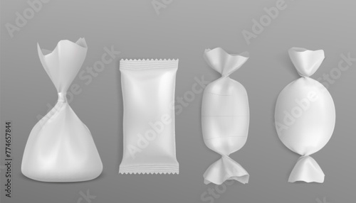 Candy wrapper mockup. Realistic 3d vector illustration set of white blank plastic sweet dessert package. Different shapes of foil bonbon or chocolate wrap template. Empty confectionery pack.
