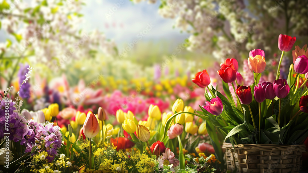An inviting product display set against the lush, vibrant colors of spring flowers, offering a vivid scene that enhances the product's appeal, perfect for advertising An inviting product display set against the lush, vibrant colors of spring flowers, offering a vivid scene that enhances the product's appeal, perfect for advertising
