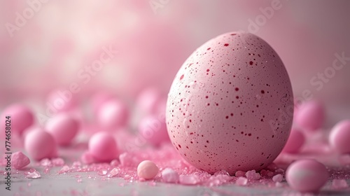  A pink speckled egg atop a mound of pink confetti, adjacent to a pink wall