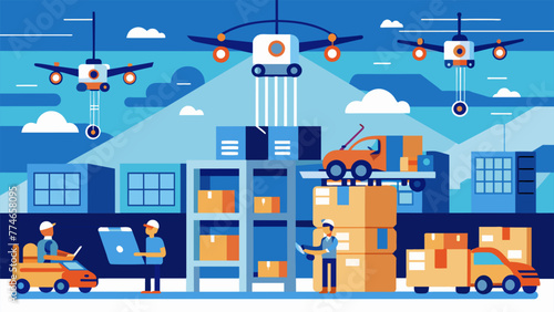 A panoramic shot of a busy logistics and distribution center with a swarm of autonomous drones hovering above the warehouse floor all
