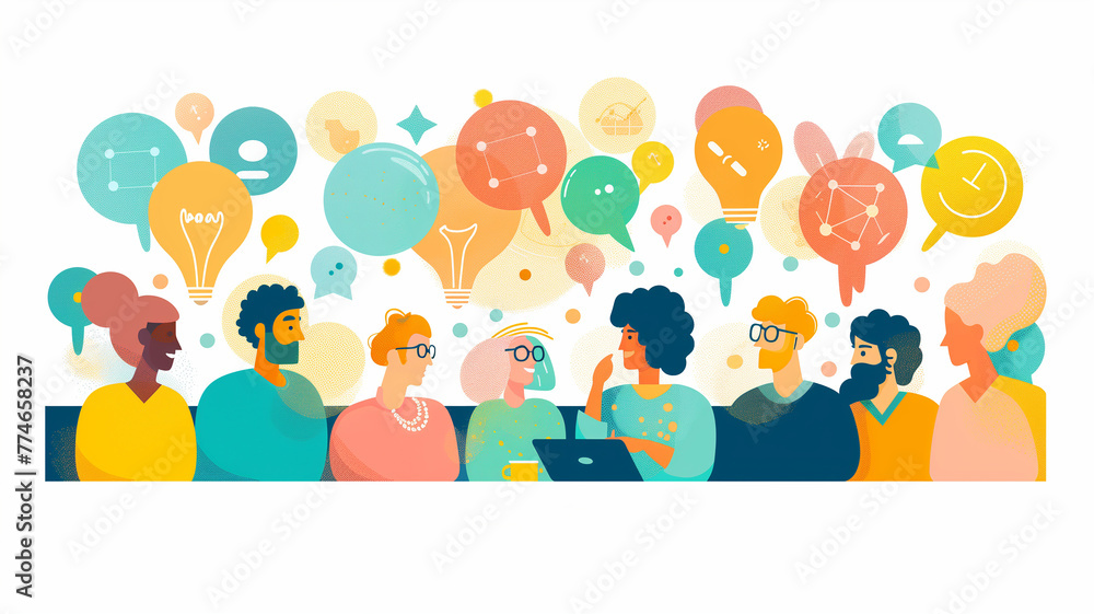 Inclusive business meeting, a flat illustration of a diverse and colorful crowd sharing ideas. Inclusive business meeting, a flat illustration of a diverse and colorful crowd sharing ideas.