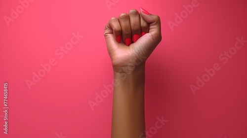  A hand in close-up, thumb sporting red nail polish against a soft pink background