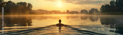 Young athlete swimming in a serene lake at dawn, reflection shimmering, perfect banner background.