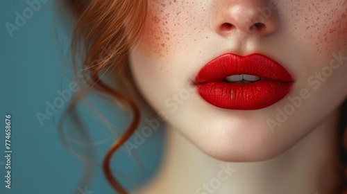  freckled skin, hair adorned with red lipstick