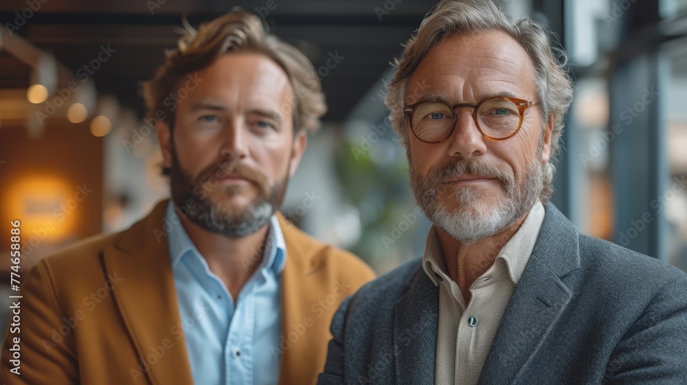 Two men stand before a glass wall, a modern structure looming behind them Two men stand before a glass wall, a modern structure looming behind them