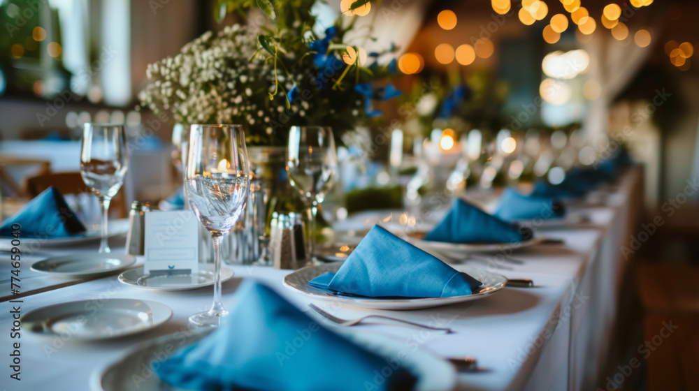 A table set with place settings and blue napkins A table set with place settings and blue napkins