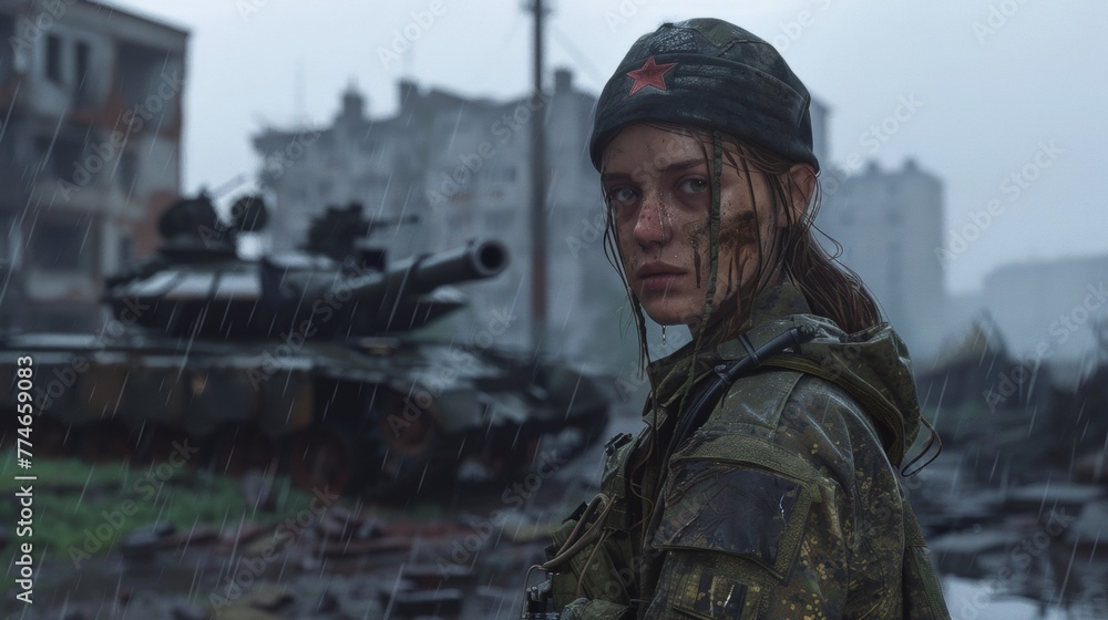 A woman in a military uniform standing in the rain