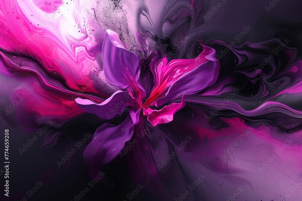   A purple-pink flower against a black-and-white backdrop, featuring a pink center splash