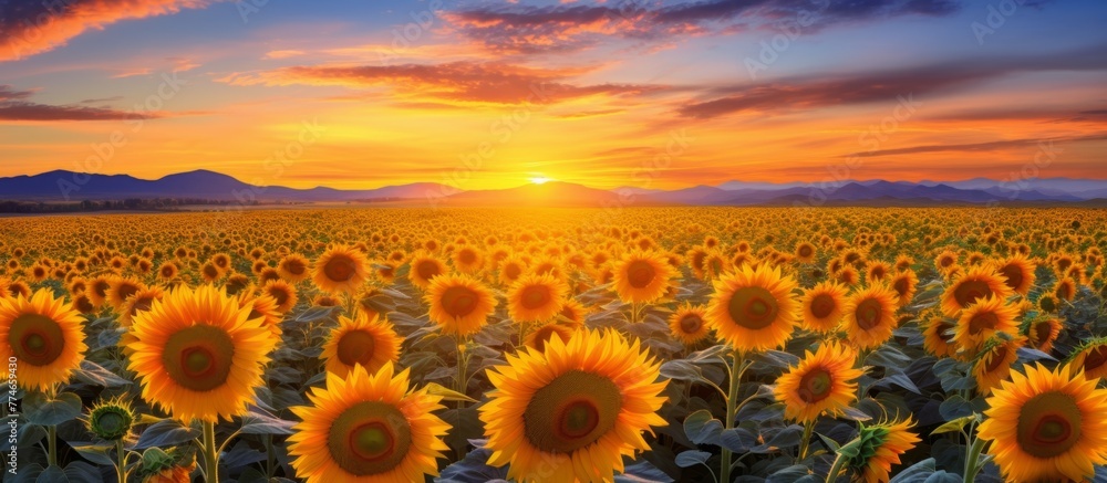 Vibrant sunflowers standing tall in a vast field, bathed in the warm glow of the setting sun in the background