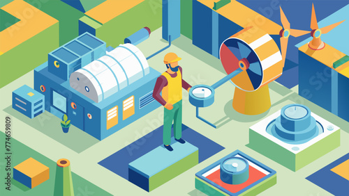 An aerial shot of a factory floor with a specialized energy management technician examining large turbines and machinery to optimize energy
