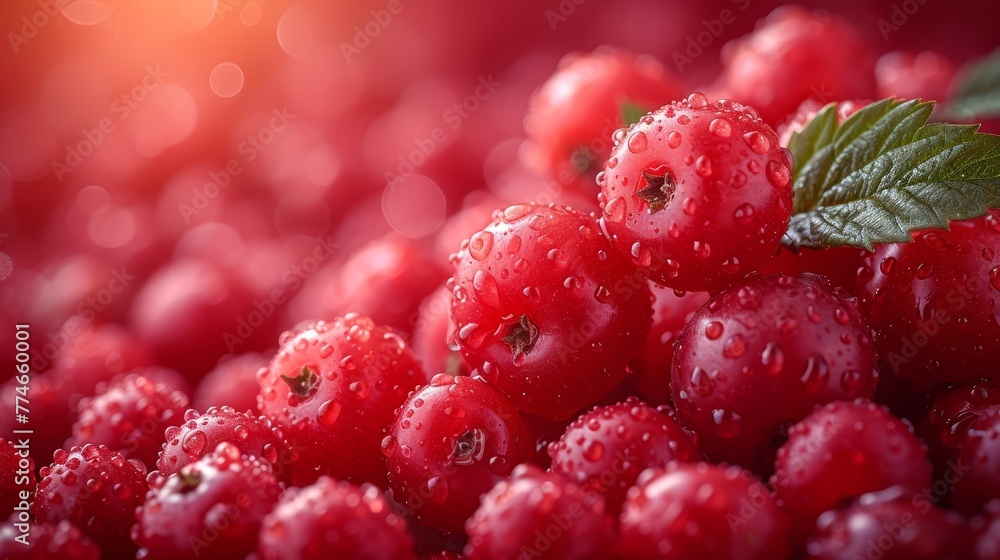 A tight shot of red berries, each with a verdant leaf atop A tight shot of red berries, each with a verdant leaf atop