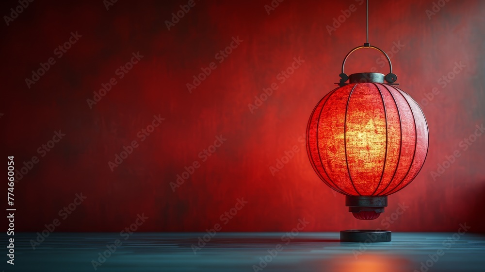 A red light suspended above a red wall with a room's center boasting a single red light A red light suspended above a red wall with a room's center boasting a single red light