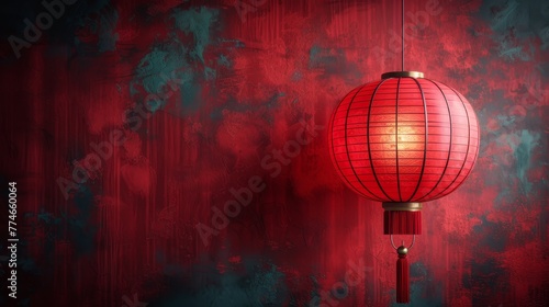   A red lamp suspends over a single red wall in a room, backed by another identical red wall photo