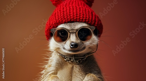  A tiny meerkat dons sunglasses and a red knit hat, accessorized with a chain around its neck