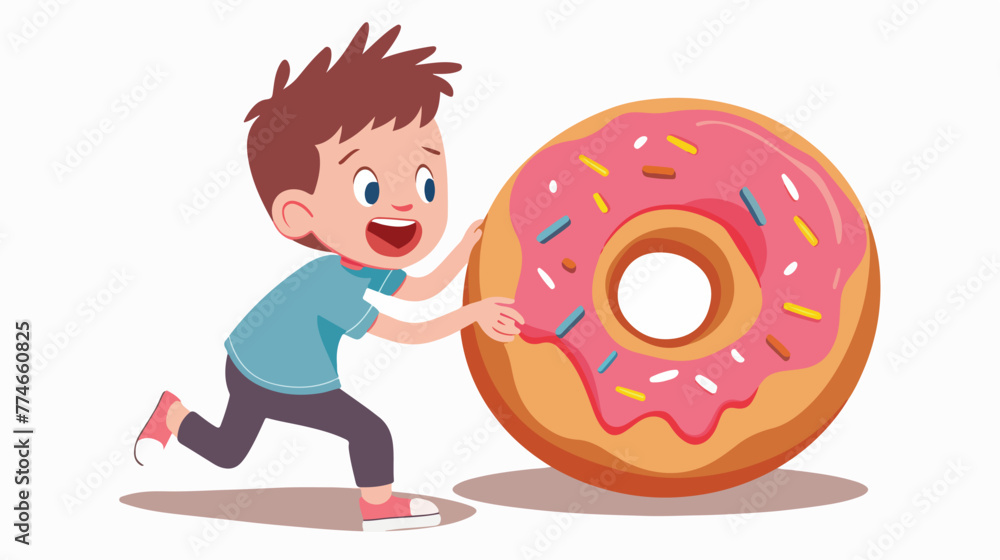 Vector illustration of A boy pushing big donut flat vector
