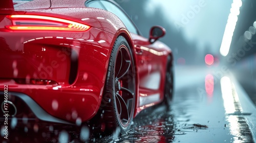   A red sports car sits curbside amidst the rain, background shrouded by a blurry streetlight © Mikus