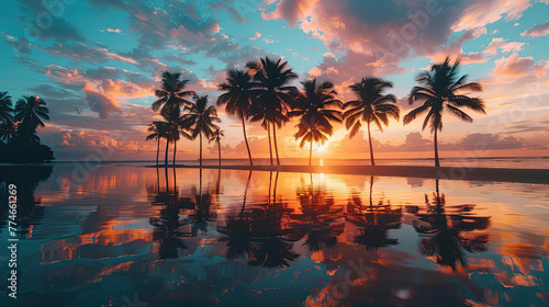 Summer sunset beach palm trees and reflections vibrant sky clouds 