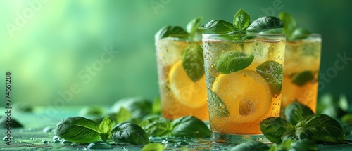   Two glassware pieces hold Mojito tea  garnished with mint sprigs and leaves Amidst a lush green background