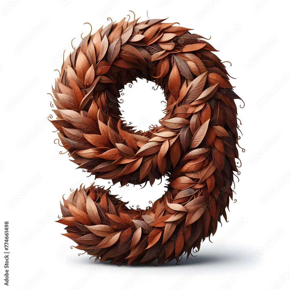 Number "9" is made with brown leaves, brown leaves Number, isolated on ...