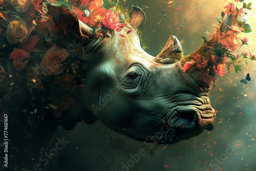   A tight shot of a rhino adorned with a flower bouquet atop its head and a butterfly perched on its nostrils