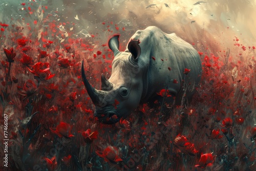  A rhino in a poppy field, background featuring a flying bird