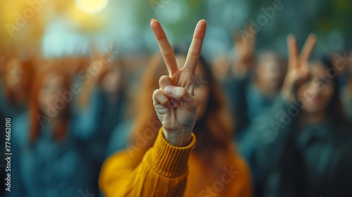   A person raising a peace sign in front of a crowd, hands formed similarly photo