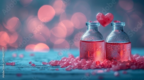  A few bottles situated together on a table adorned with pink and red confetti