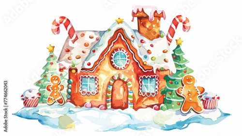 Watercolor hand drawn colorful gingerbread house